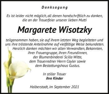 Traueranzeige von Margarete Wisotzky  von Magdeburger Volksstimme