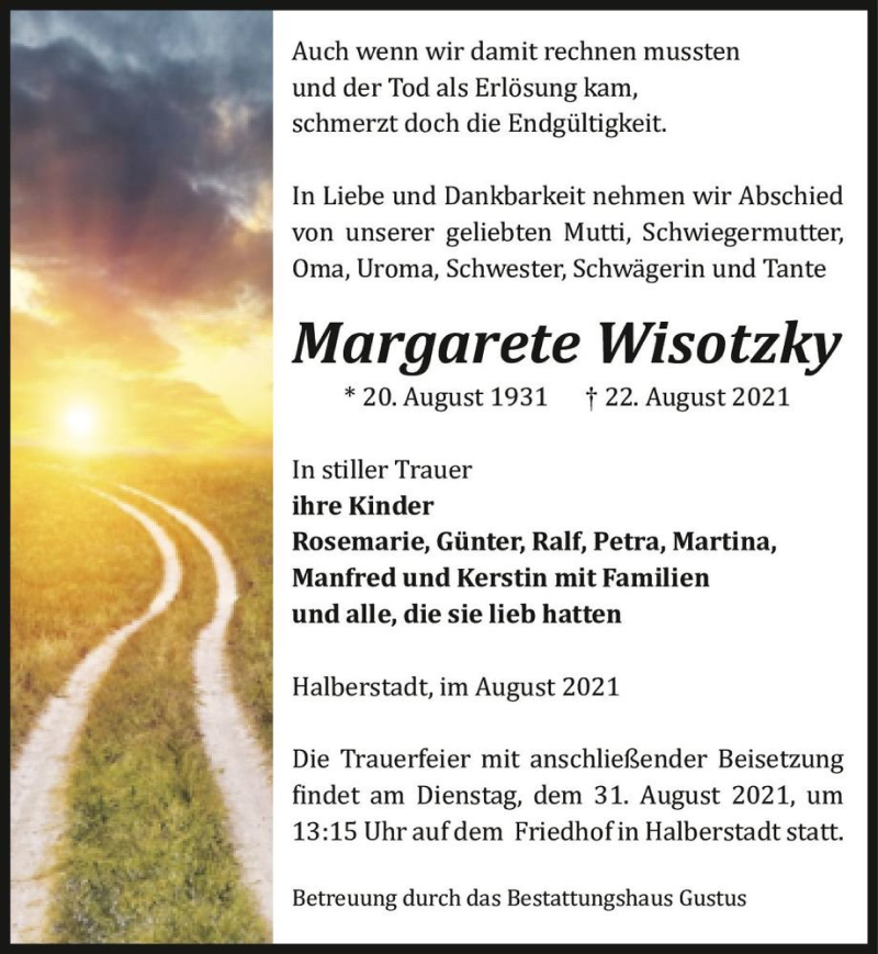  Traueranzeige für Margarete Wisotzky  vom 28.08.2021 aus Magdeburger Volksstimme