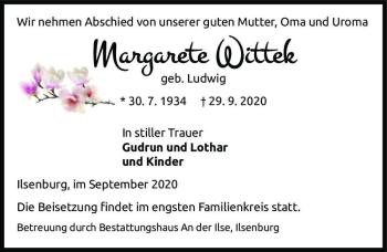 Traueranzeige von Margarete Wittek (geb. Ludwig)  von Magdeburger Volksstimme