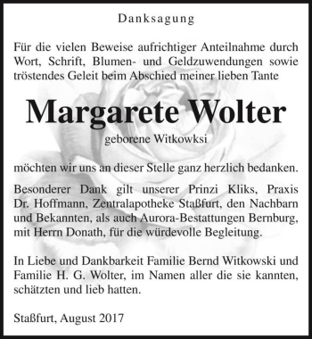 Traueranzeige von Margarete Wolter (geb. Witkowksi)  von Magdeburger Volksstimme