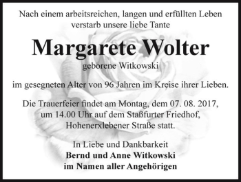 Traueranzeige von Margarete Wolter (geb. Witkowski)  von Magdeburger Volksstimme