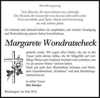 Traueranzeige von Margarete Wondratscheck  von Magdeburger Volksstimme