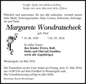 Traueranzeige von Margarete Wondratscheck (geb. Paul)  von Magdeburger Volksstimme