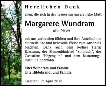 Traueranzeige von Margarete Wundram (geb. Meyer)  von Magdeburger Volksstimme