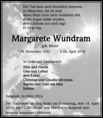 Traueranzeige von Margarete Wundram (geb. Meyer)  von Magdeburger Volksstimme