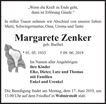 Traueranzeige von Margarete Zenker (geb. Barthel)  von Magdeburger Volksstimme