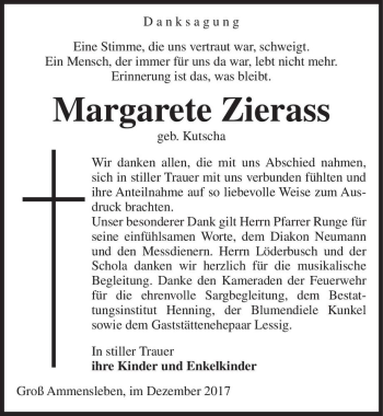 Traueranzeige von Margarete Zierass (geb. Kutscha)  von Magdeburger Volksstimme