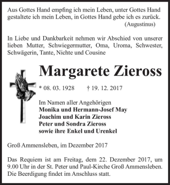 Traueranzeige von Margarete Zieross  von Magdeburger Volksstimme