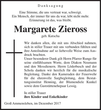 Traueranzeige von Margarete Zieross geb. Kutscha  von Magdeburger Volksstimme