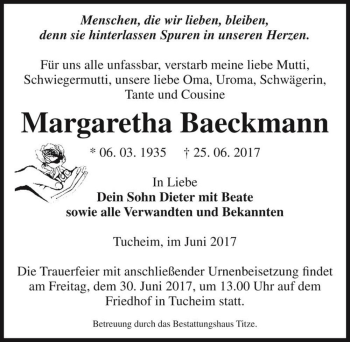 Traueranzeige von Margaretha Baeckmann  von Magdeburger Volksstimme