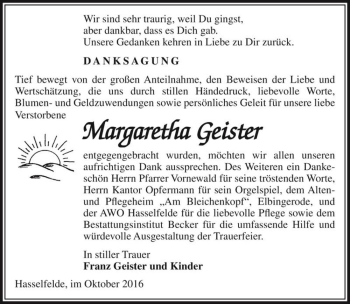 Traueranzeige von Margaretha Geister  von Magdeburger Volksstimme