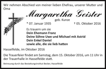 Traueranzeige von Margaretha Geister (geb. Kunze)  von Magdeburger Volksstimme