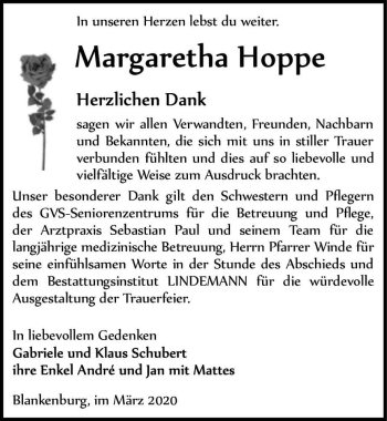 Traueranzeige von Margaretha Hoppe  von Magdeburger Volksstimme