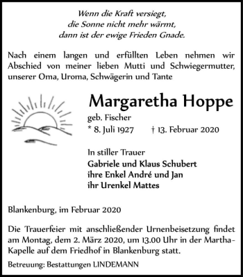 Traueranzeige von Margaretha Hoppe (geb. Fischer)  von Magdeburger Volksstimme