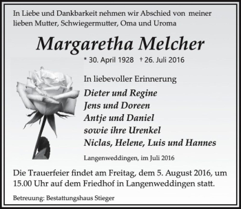 Traueranzeige von Margaretha Melcher  von Magdeburger Volksstimme