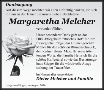 Traueranzeige von Margaretha Melcher  von Magdeburger Volksstimme