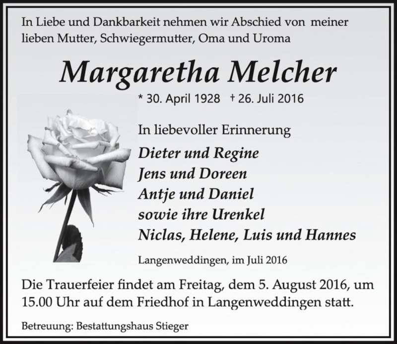  Traueranzeige für Margaretha Melcher  vom 30.07.2016 aus Magdeburger Volksstimme