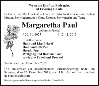 Traueranzeige von Margaretha Paul (geb. Priesel)  von Magdeburger Volksstimme