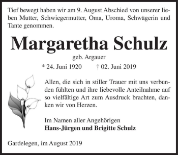 Traueranzeige von Margaretha Schulz (geb. Argauer)  von Magdeburger Volksstimme