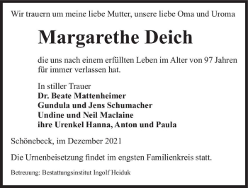 Traueranzeige von Margarethe Deich  von Magdeburger Volksstimme