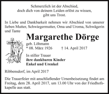 Traueranzeige von Margarethe Dörge (geb. Löhmann)  von Magdeburger Volksstimme