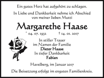 Traueranzeige von Margarethe Haase  von Magdeburger Volksstimme