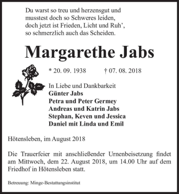 Traueranzeige von Margarethe Jabs  von Magdeburger Volksstimme