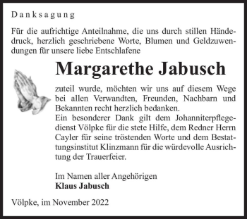 Traueranzeige von Margarethe Jabusch  von Magdeburger Volksstimme