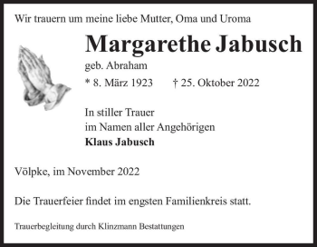 Traueranzeige von Margarethe Jabusch (geb. Abraham)  von Magdeburger Volksstimme