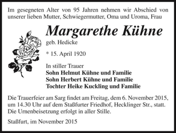 Traueranzeige von Margarethe Kühne (geb. Hedicke)  von Magdeburger Volksstimme