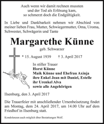 Traueranzeige von Margarethe Künne (geb. Schwarzer)  von Magdeburger Volksstimme