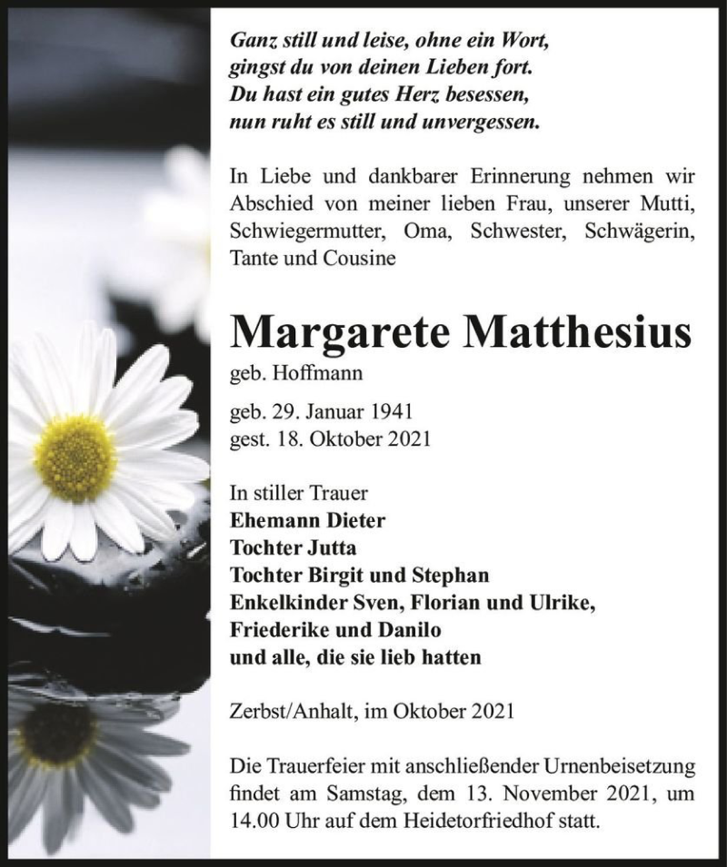  Traueranzeige für Margarethe Matthesius (geb. Hoffmann)  vom 23.10.2021 aus Magdeburger Volksstimme
