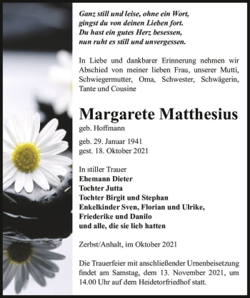 Traueranzeige von Margarethe Matthesius (geb. Hoffmann)  von Magdeburger Volksstimme