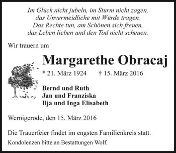 Traueranzeige von Margarethe Obracaj  von Magdeburger Volksstimme