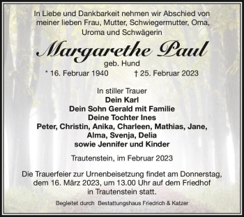 Traueranzeige von Margarethe Paul (geb. Hund)  von Magdeburger Volksstimme