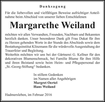 Traueranzeige von Margarethe Weiland  von Magdeburger Volksstimme