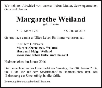 Traueranzeige von Margarethe Weiland (geb. Franke)  von Magdeburger Volksstimme