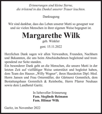 Traueranzeige von Margarethe Wilk (geb. Winkler)  von Magdeburger Volksstimme