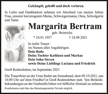 Traueranzeige von Margarita Bertram (geb. Heinrichs)  von Magdeburger Volksstimme
