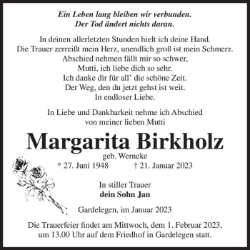 Traueranzeige von Margarita Birkholz (geb. Werneke)  von Magdeburger Volksstimme