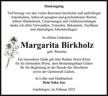 Traueranzeige von Margarita Birkholz (geb. Werneke)  von Magdeburger Volksstimme