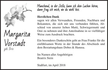 Traueranzeige von Margarita Vorstadt (geb. Brix)  von Magdeburger Volksstimme