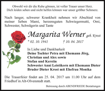 Traueranzeige von Margarita Werner (geb. Krost)  von Magdeburger Volksstimme
