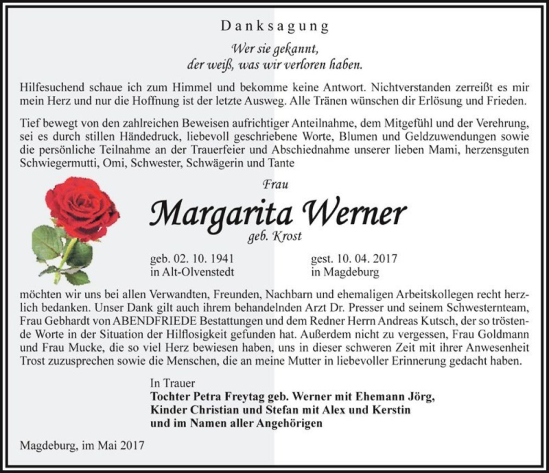  Traueranzeige für Margarita Werner (geb. Krost)  vom 06.05.2017 aus Magdeburger Volksstimme