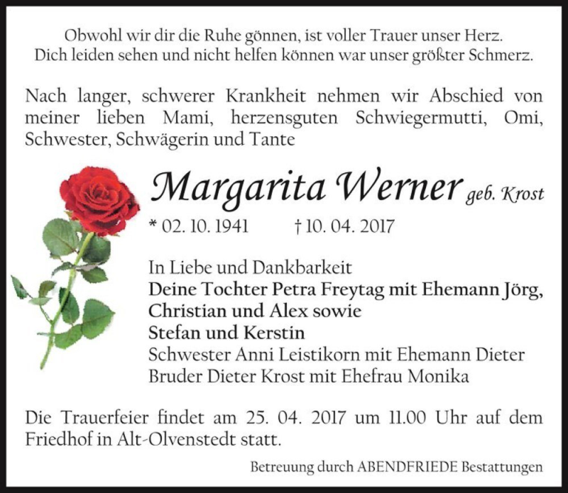  Traueranzeige für Margarita Werner (geb. Krost)  vom 22.04.2017 aus Magdeburger Volksstimme
