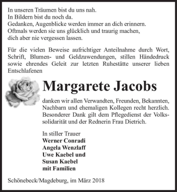 Traueranzeige von Margarte Jacobs  von Magdeburger Volksstimme