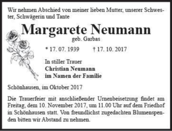 Traueranzeige von Margarte Neumann (geb. Garbas)  von Magdeburger Volksstimme