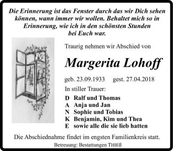 Traueranzeige von Margerita Lohoff  von Magdeburger Volksstimme