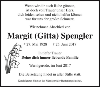 Traueranzeige von Margit (Gitta) Spengler  von Magdeburger Volksstimme