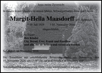 Traueranzeige von Margit-Hella Maasdorff (geb. Behrends)  von Magdeburger Volksstimme